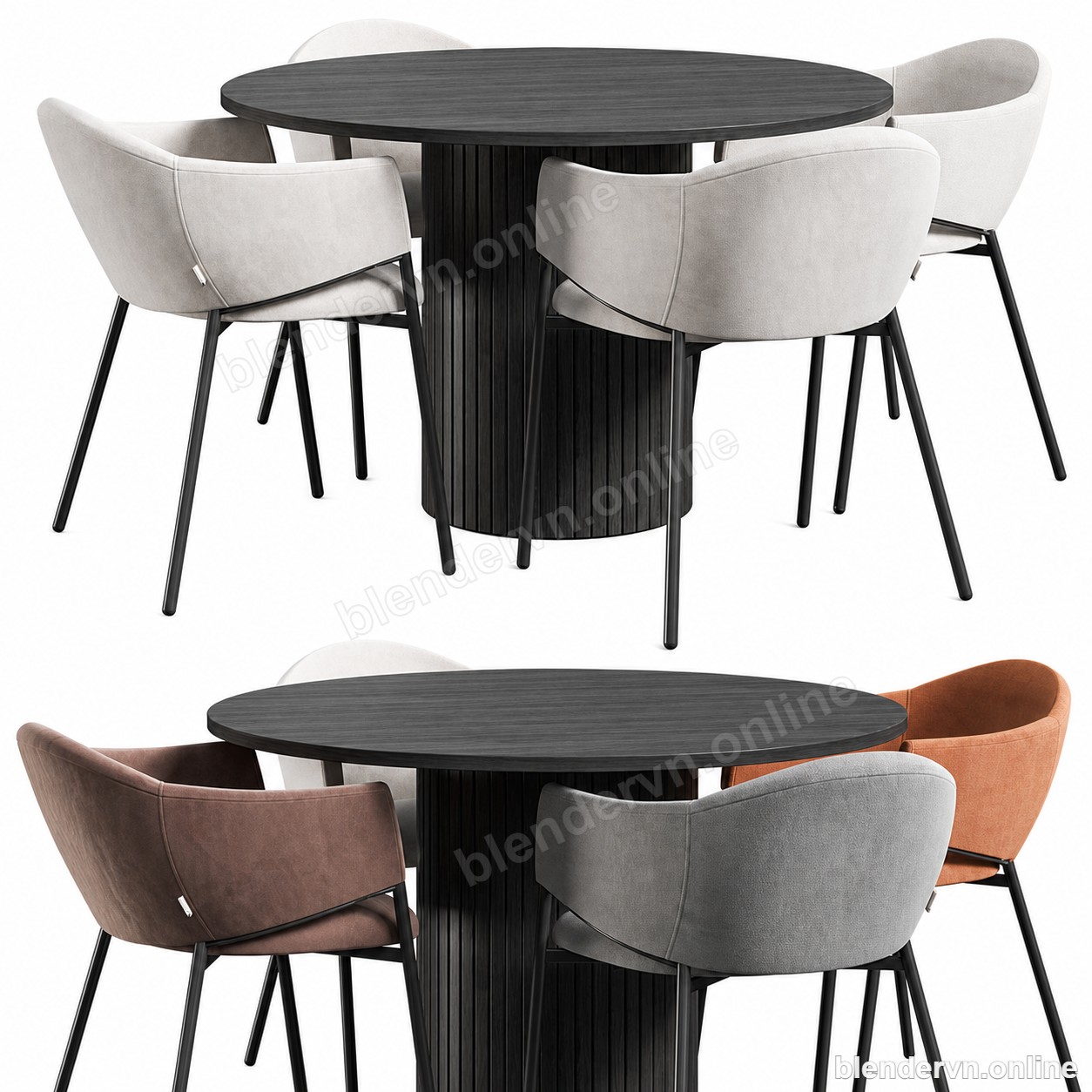 Model 3D Nội thất Fluted Pedestal Round Dining Set with Curved Upholstered Chairs cho Blender archviz — file .blend, vật liệu PBR Cycles