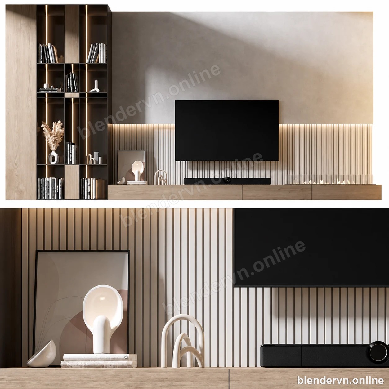 Solenne Ribbed Oak TV Wall — Blender model