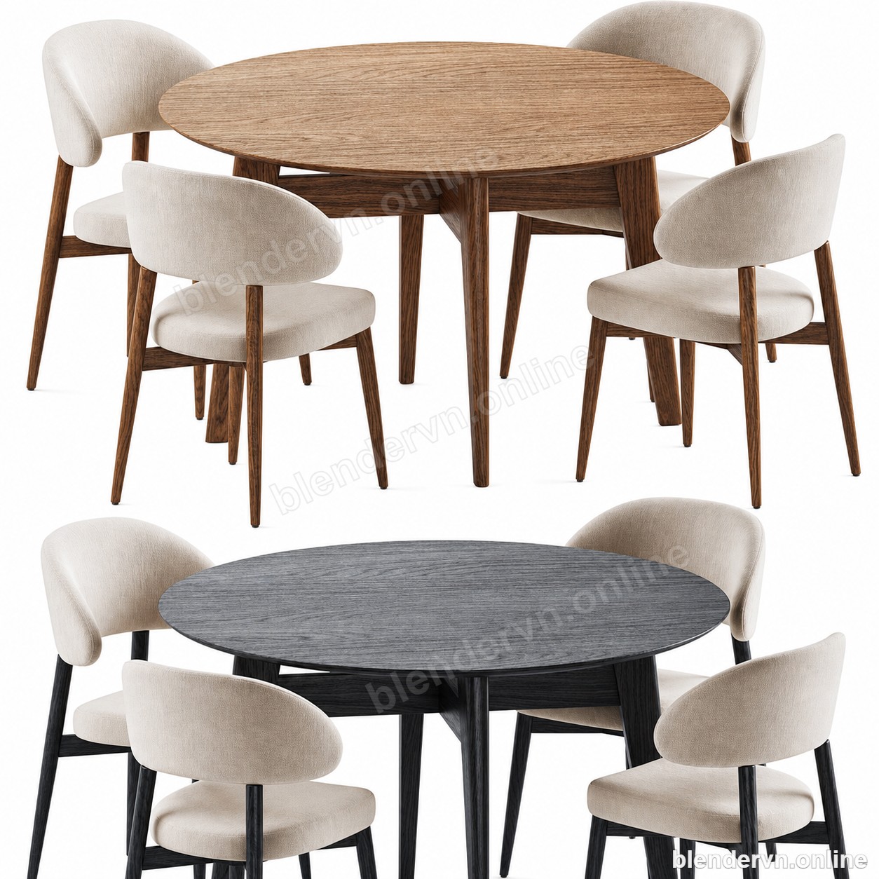 Model 3D Homary Round Wooden Dining Set with 4 Upholstered Chairs cho Blender archviz — file .blend, vật liệu PBR Cycles