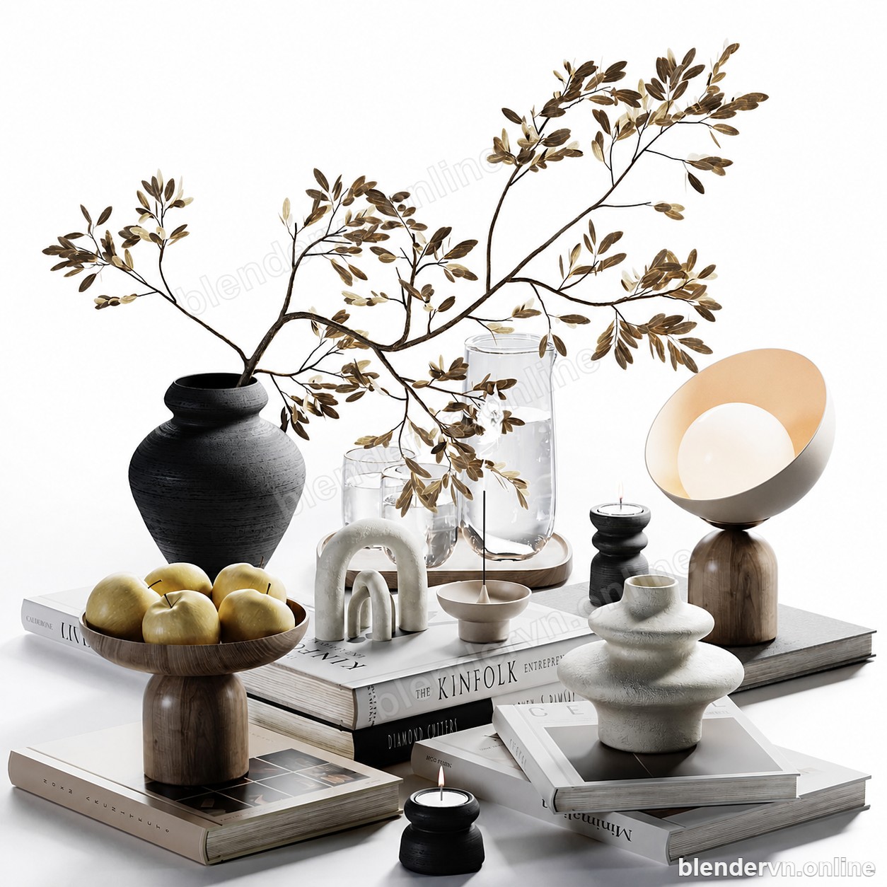 Model 3D Trang trí Organic Earth-Tone Tabletop Decor Set cho Blender archviz — file .blend, vật liệu PBR Cycles (góc nhìn 2)