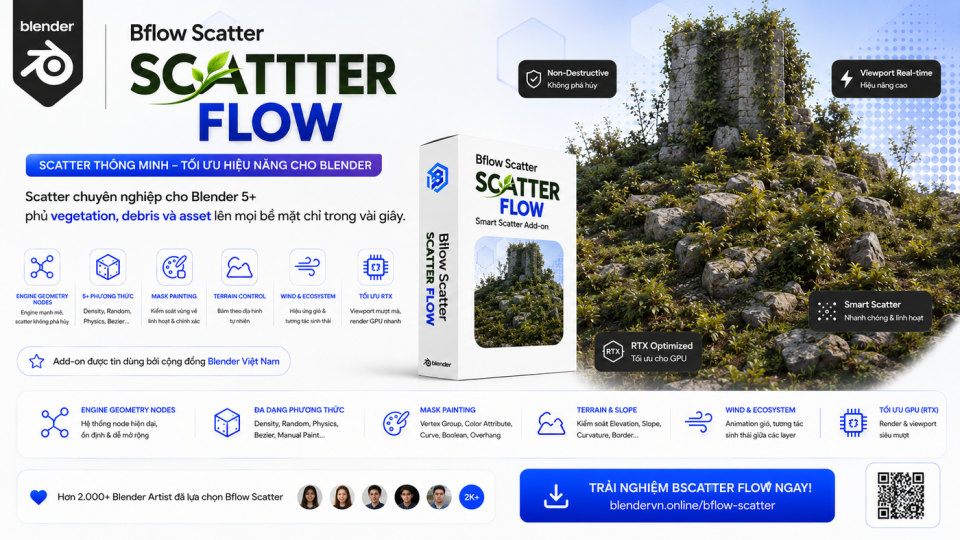 Add-on Blender Bscatter Flow do BlenderVN phát triển